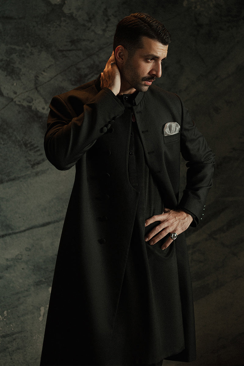Black wedding sherwani with silver embellishments and stylish cuts