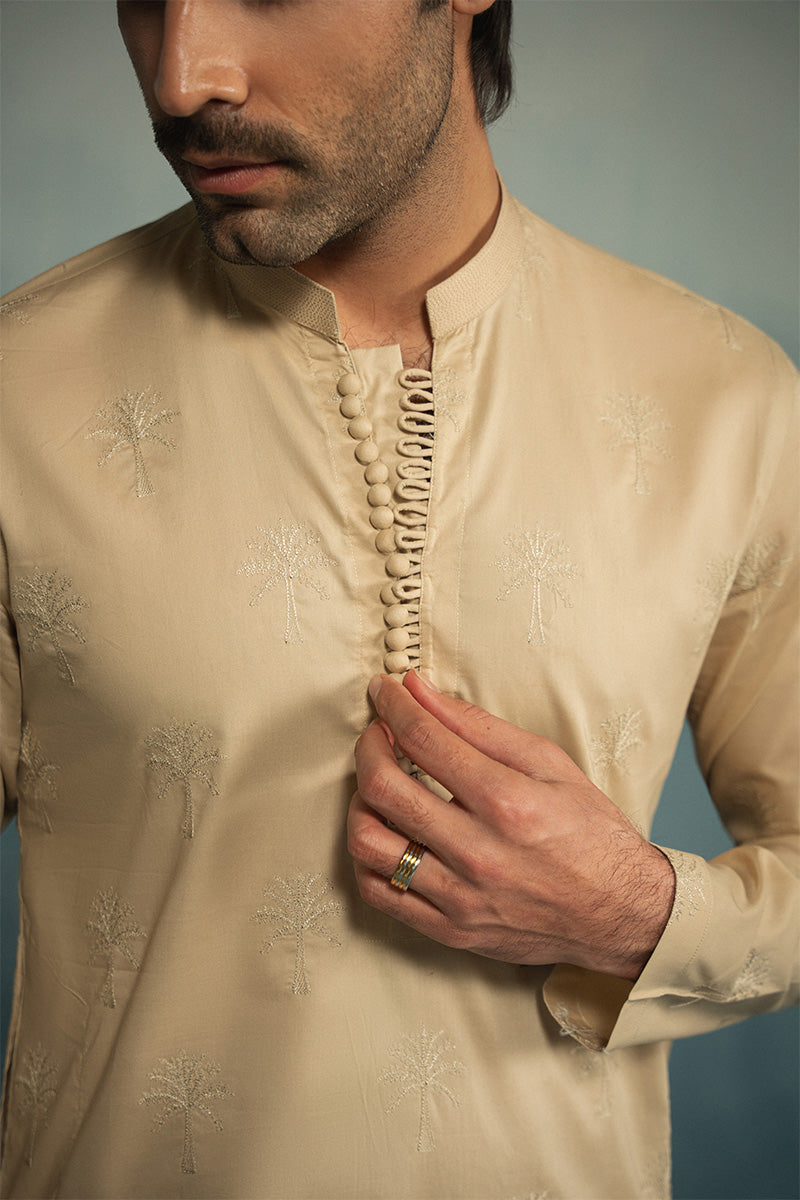 'Sand Brown' Embroidered Kurta Pajama