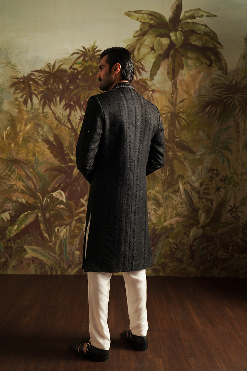 "Dar" Black Embroidered Sherwani