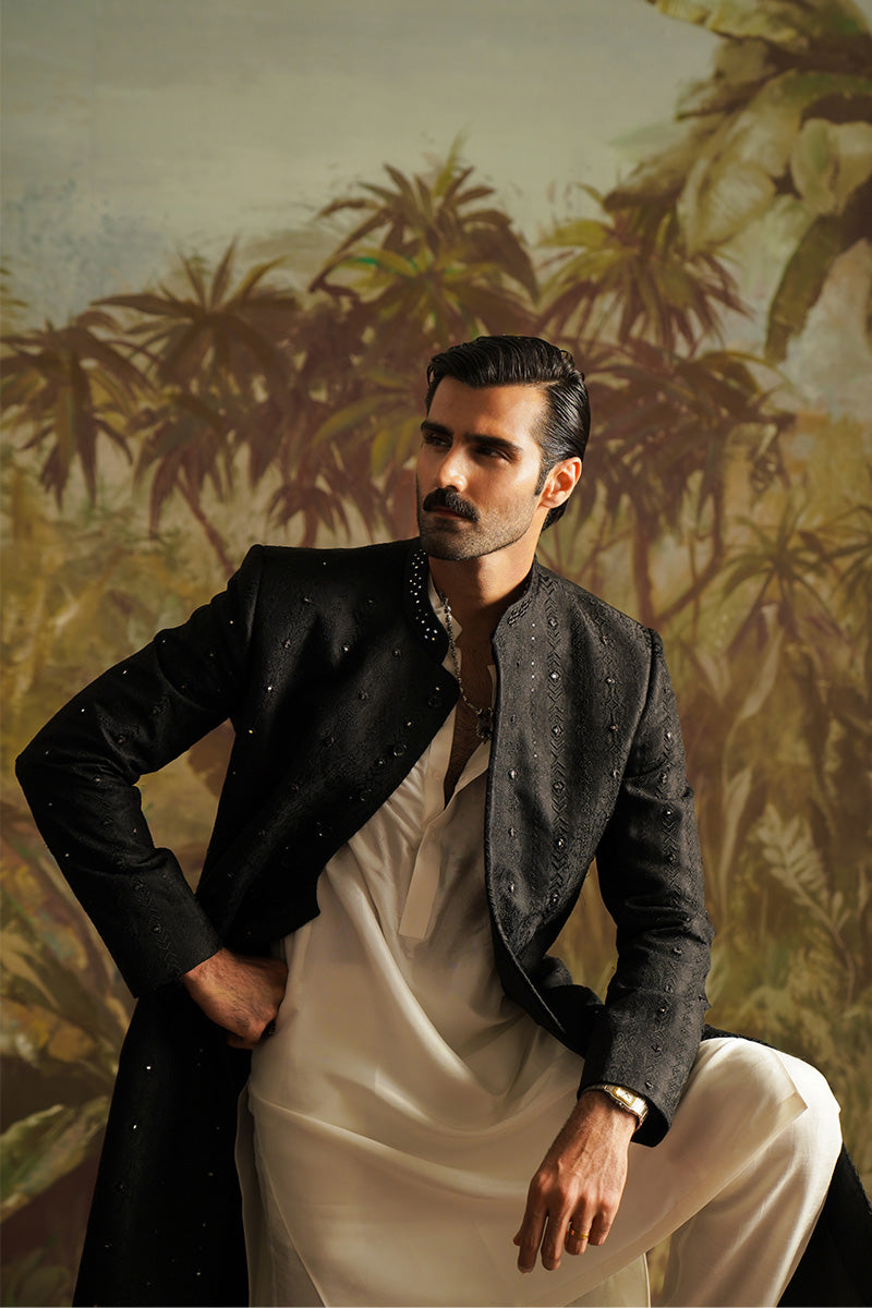 "Dar" Black Embroidered Sherwani