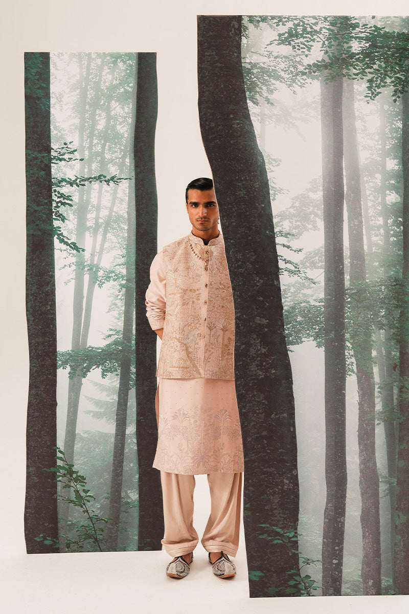 'FARZAM' HAND EMBROIDERED CORAL PINK WAISTCOAT