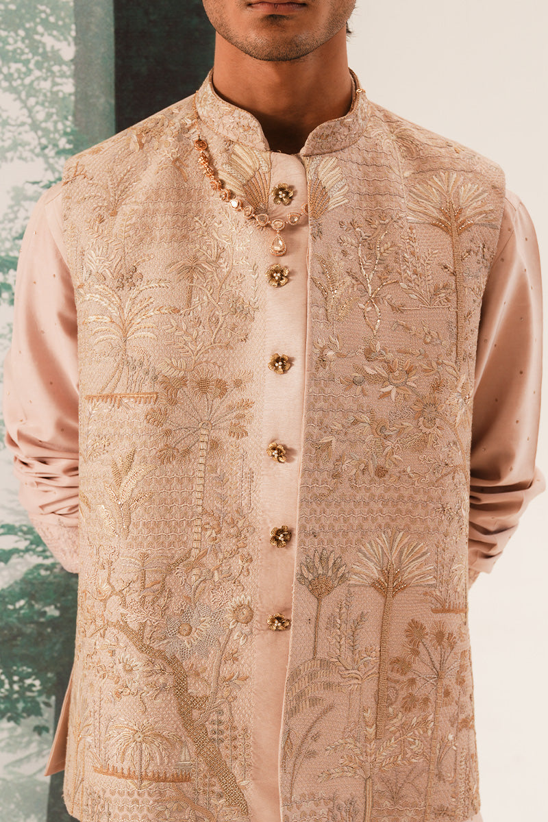 'FARZAM' HAND EMBROIDERED CORAL PINK WAISTCOAT