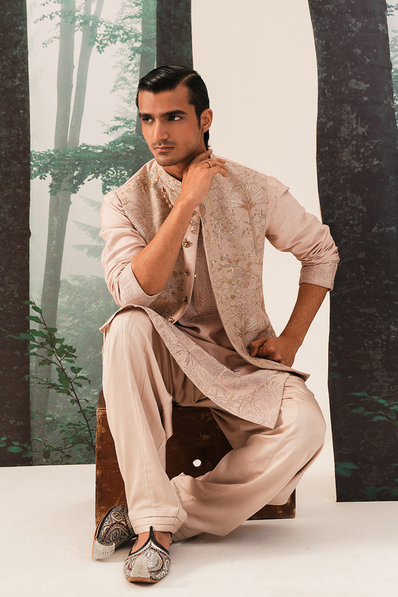 'FARZAM' HAND EMBROIDERED CORAL PINK WAISTCOAT