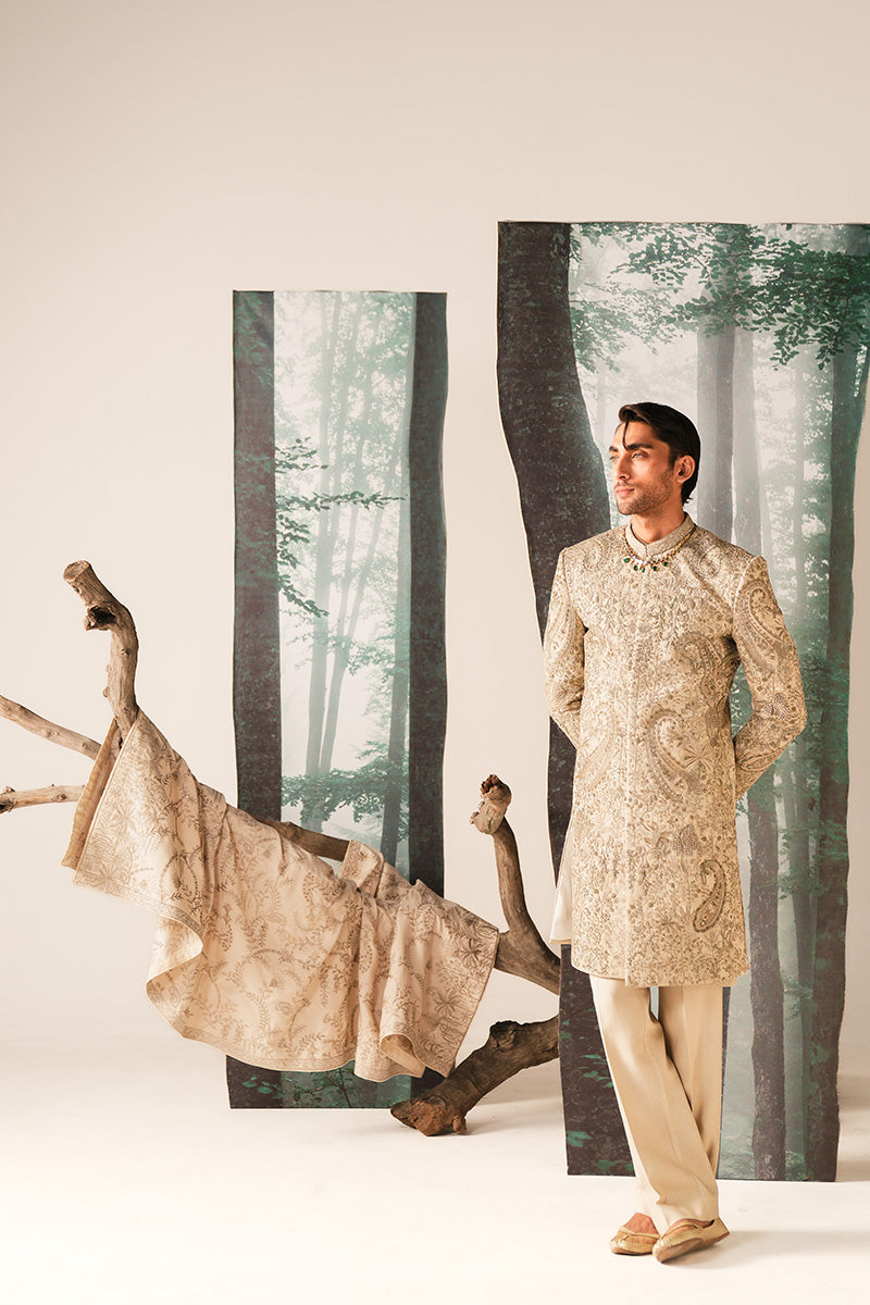 'RUSTAM' IVORY HAND EMBROIDERED SHERWANI