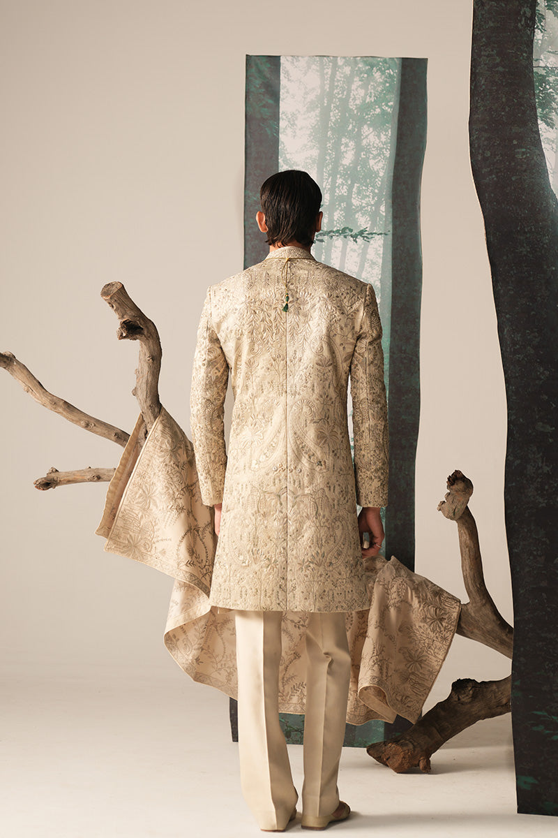 'RUSTAM' IVORY HAND EMBROIDERED SHERWANI
