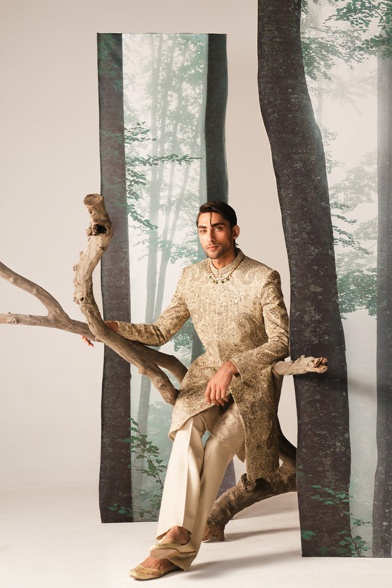 'RUSTAM' IVORY HAND EMBROIDERED SHERWANI