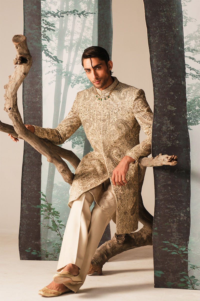 'RUSTAM' IVORY HAND EMBROIDERED SHERWANI