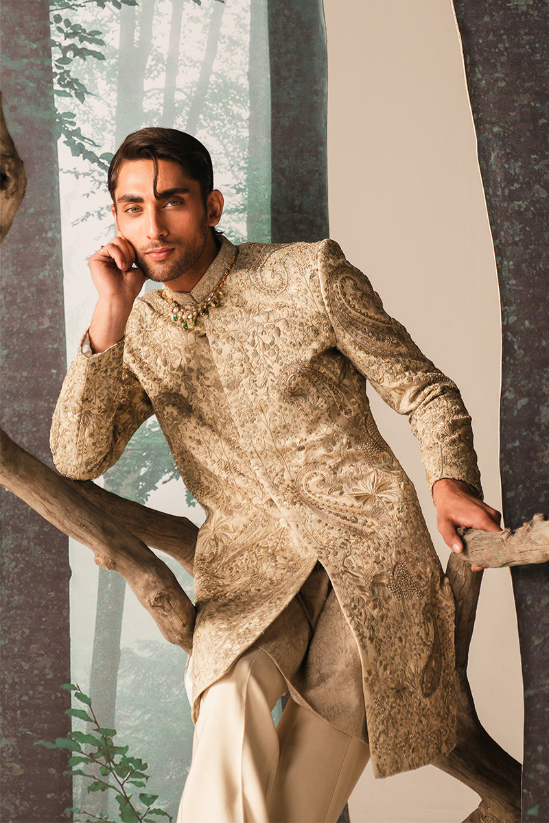 'RUSTAM' IVORY HAND EMBROIDERED SHERWANI