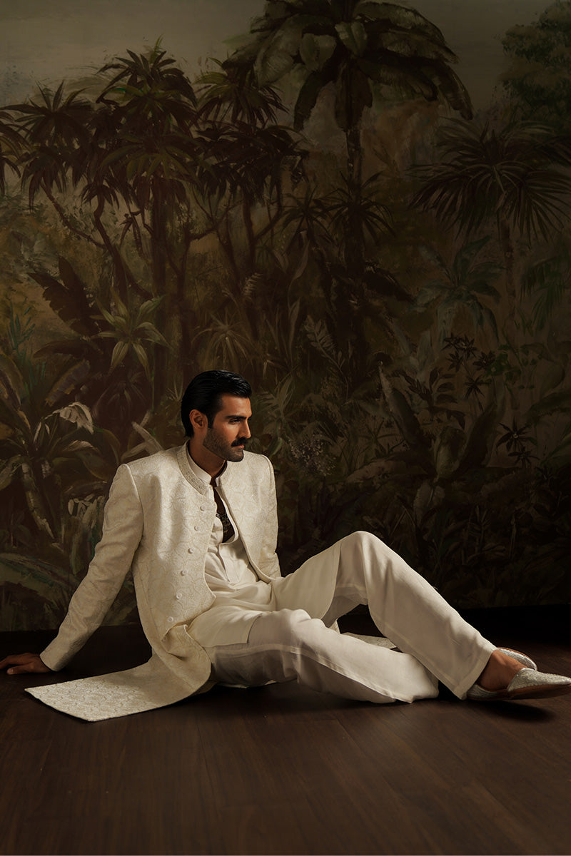 Ivory white jacquard sherwani for groom