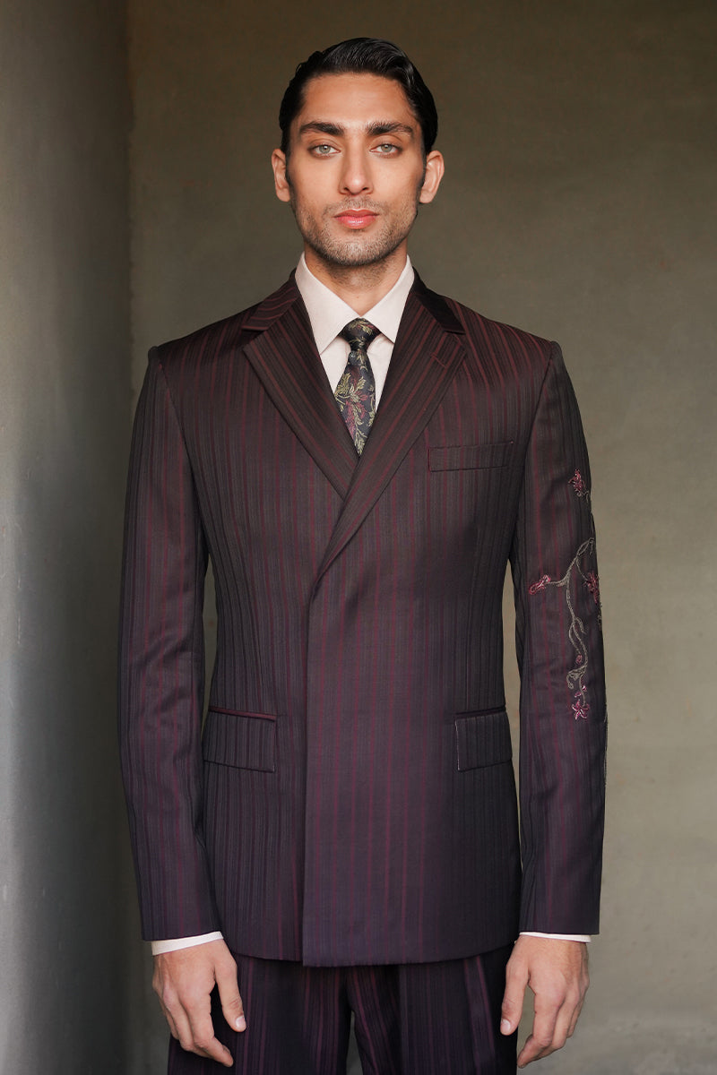 Burgundy Striped Single Breasted Suit