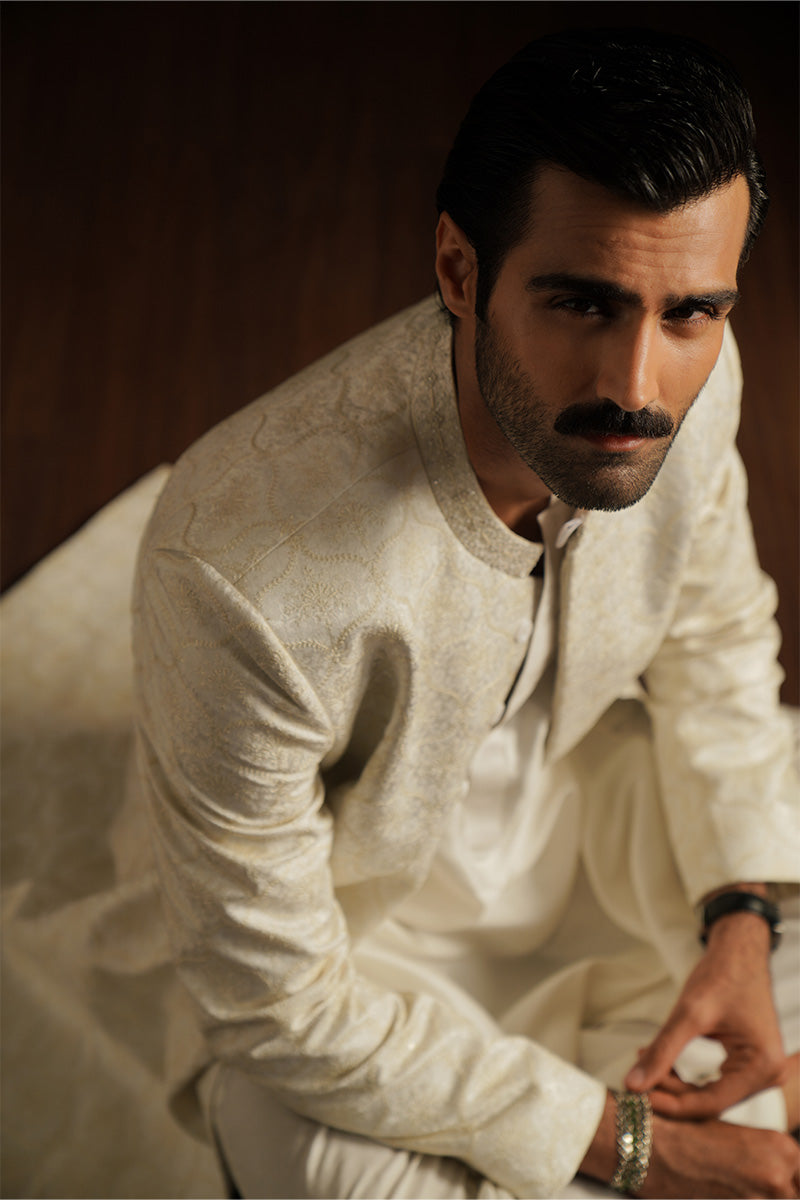 Ivory white jacquard sherwani for groom