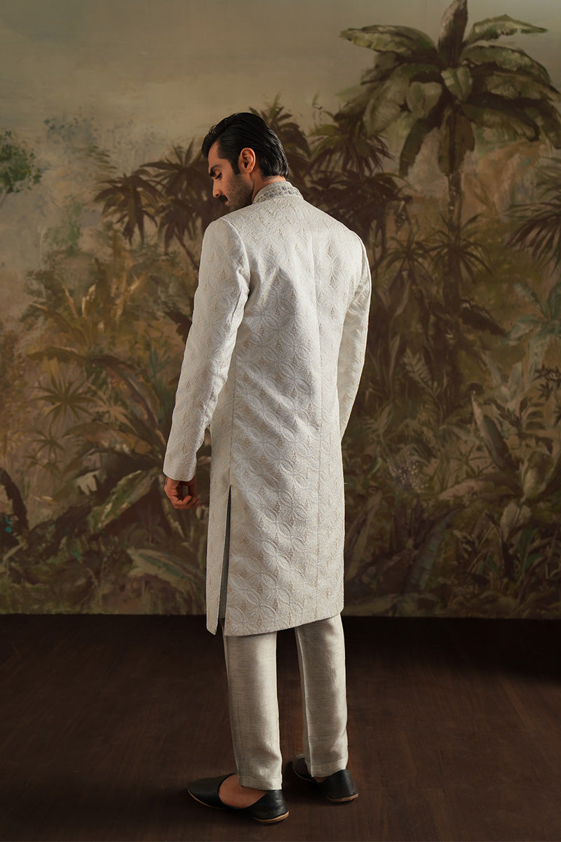 "Alyan" Ice Grey Embroidered Sherwani