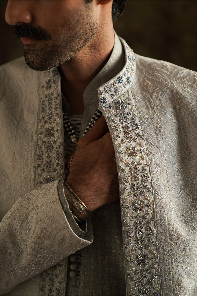 "Alyan" Ice Grey Embroidered Sherwani