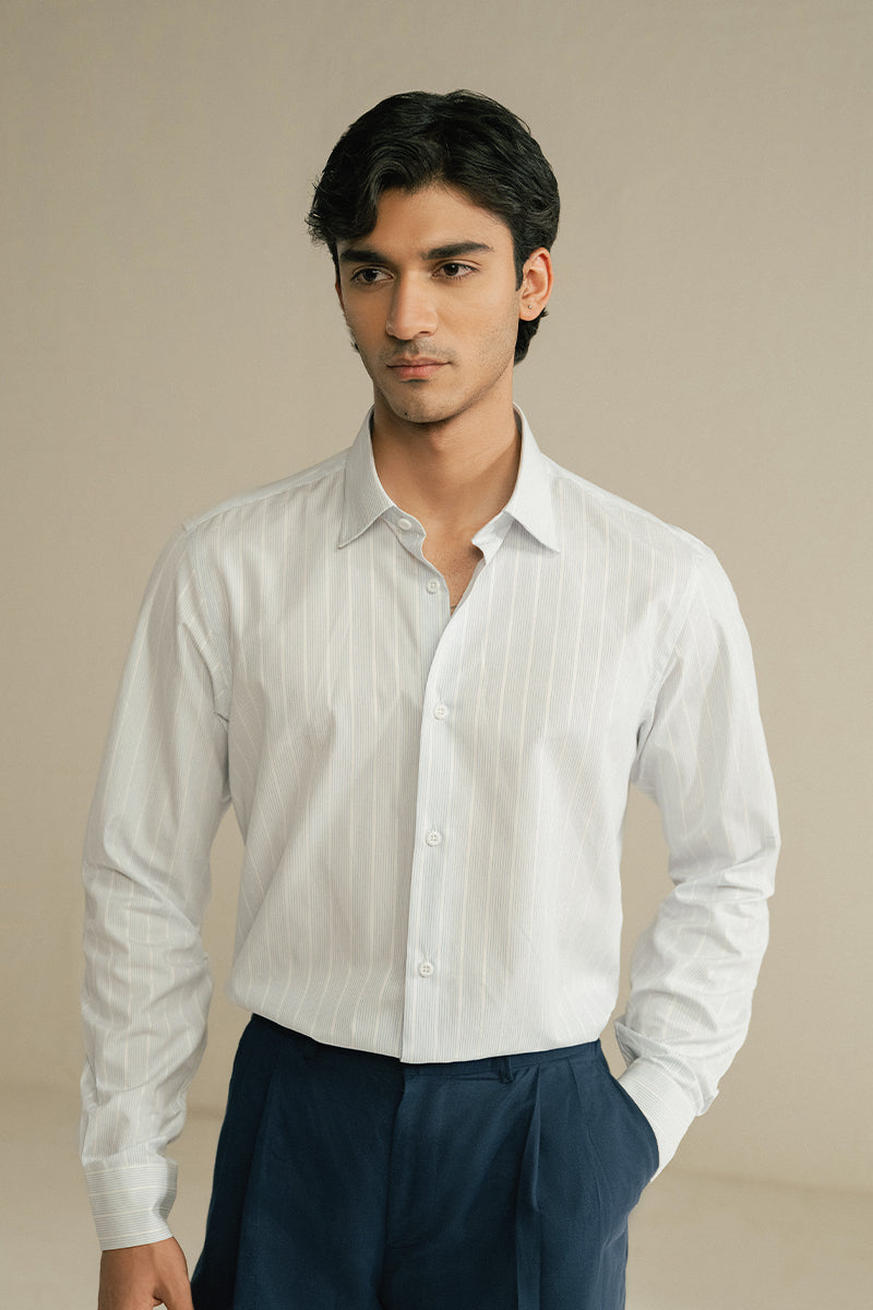 WHITE AND BLUE STRIPED SHIRT