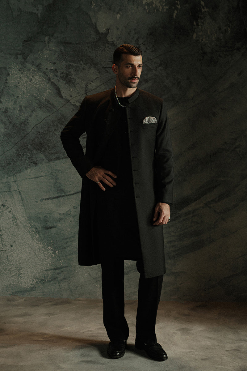 Modern black sherwani for men with a classy and sophisticated finish