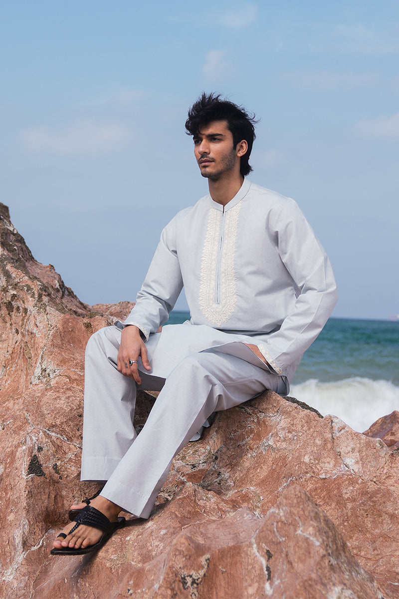 'Soft Blue' Embroidered Kurta Pajama