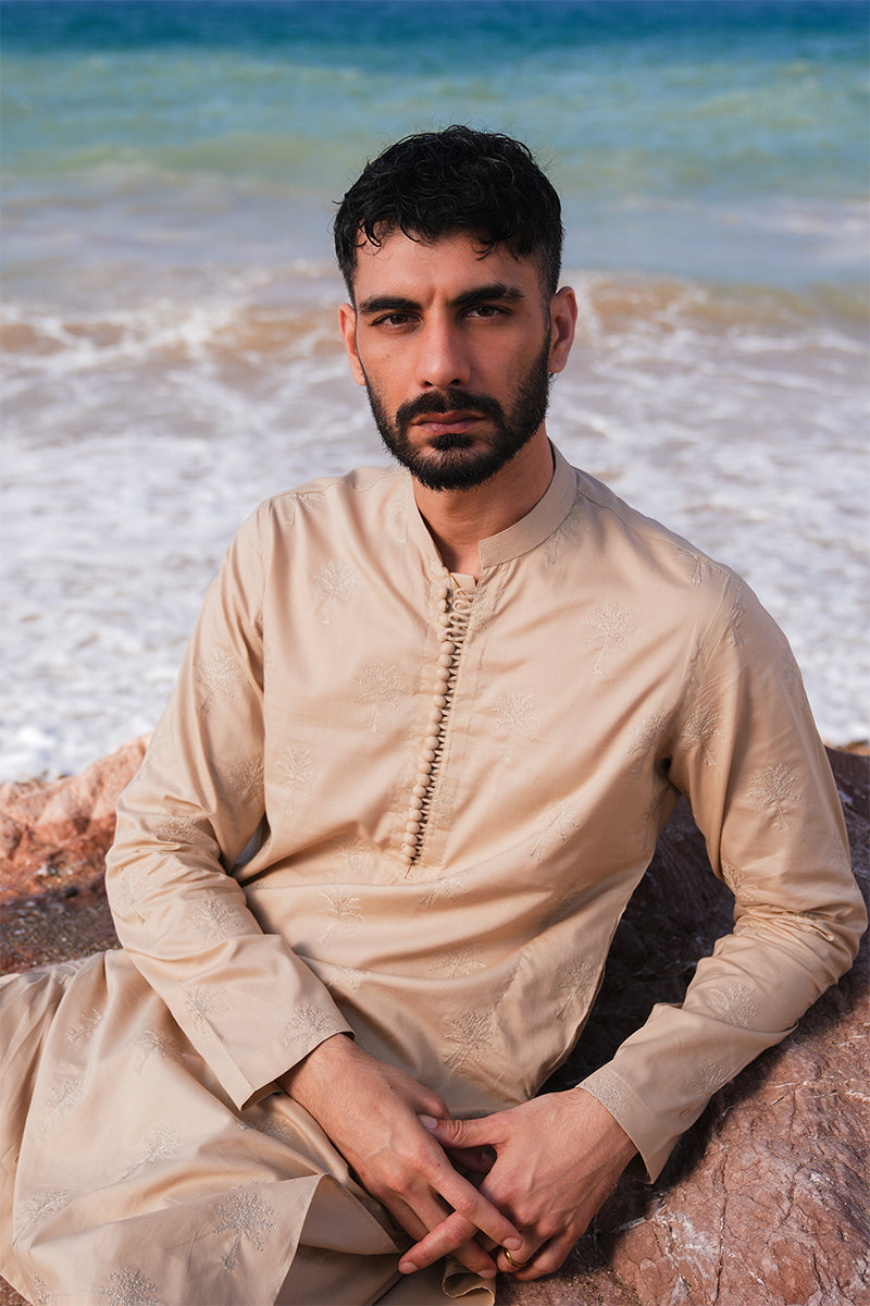 'Sand Brown' Embroidered Kurta Pajama