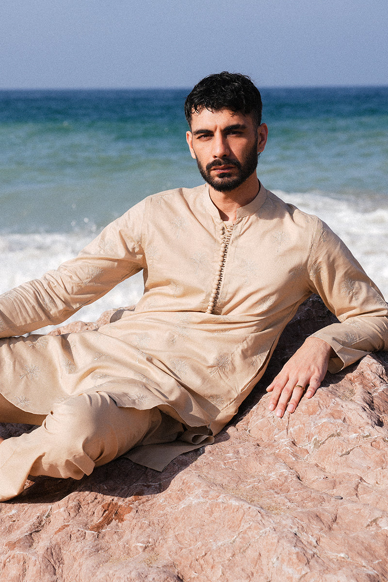 'Sand Brown' Embroidered Kurta Pajama