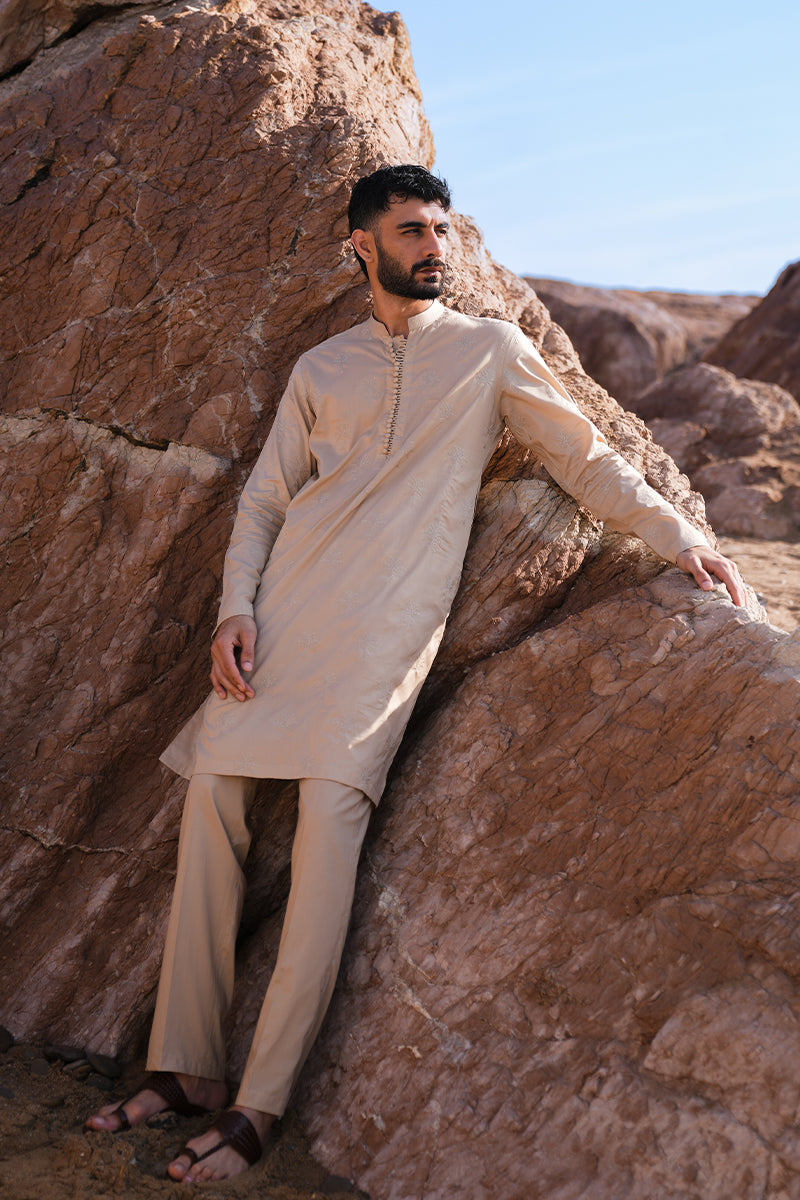 'Sand Brown' Embroidered Kurta Pajama