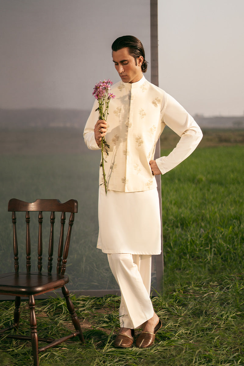 Men's boski waistcoat in elegant blue, a premium waistcoat design for weddings and events in Pakistan.