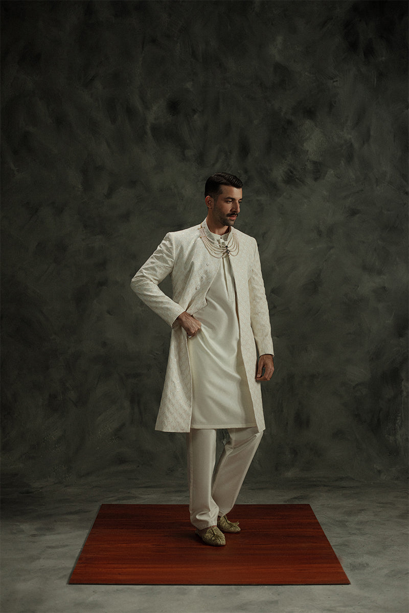 Stylish white sherwani design for weddings and special occasions.