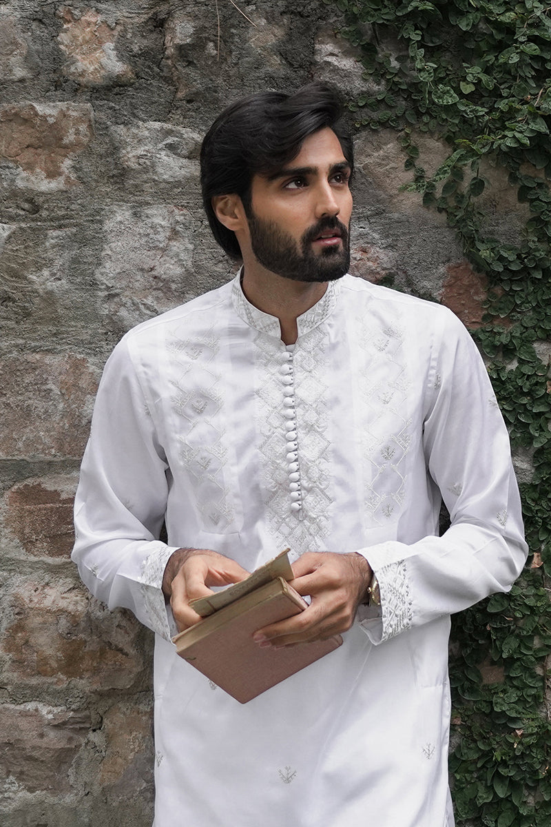 CHEVRON PEARL WHITE EMBROIDERED KURTA TROUSER