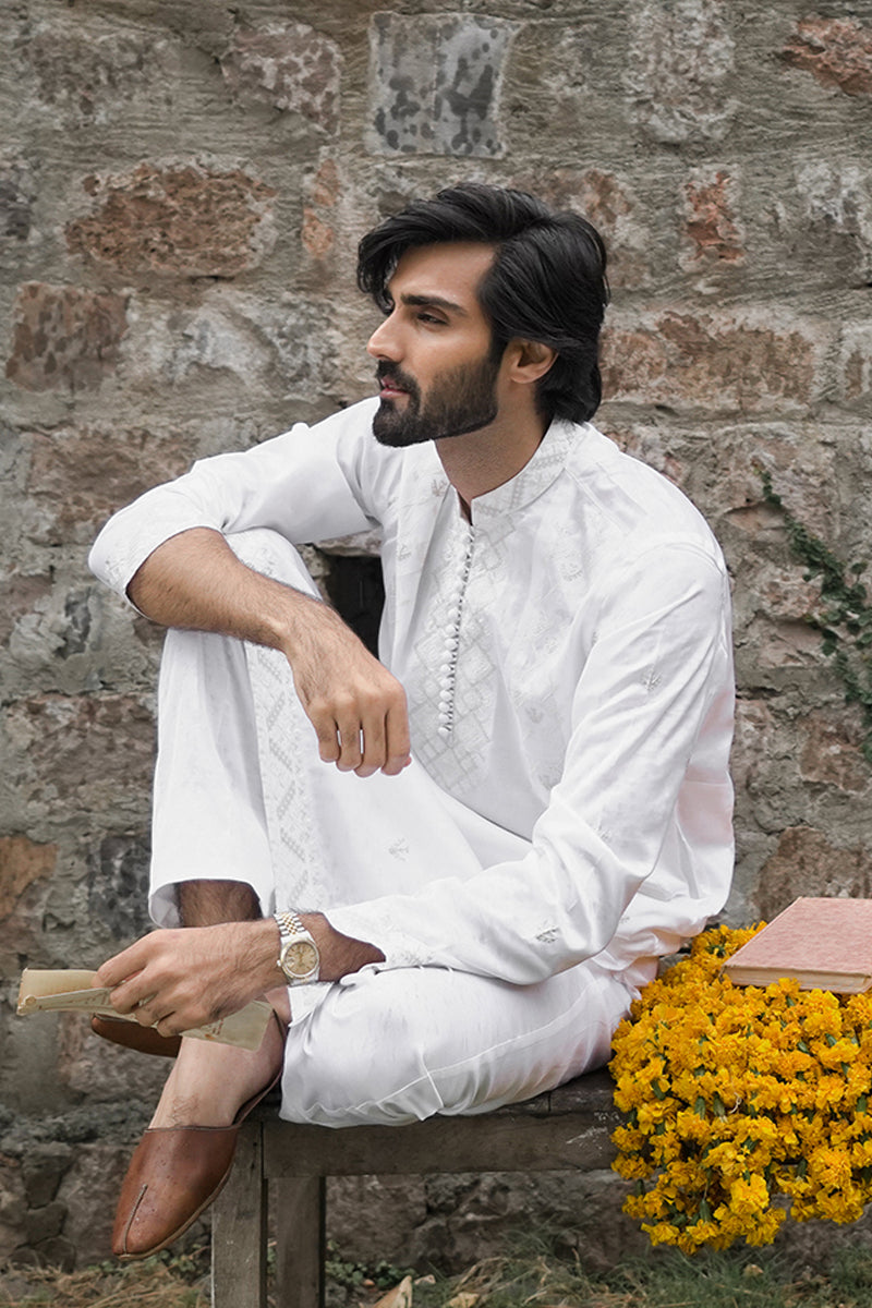 CHEVRON PEARL WHITE EMBROIDERED KURTA TROUSER