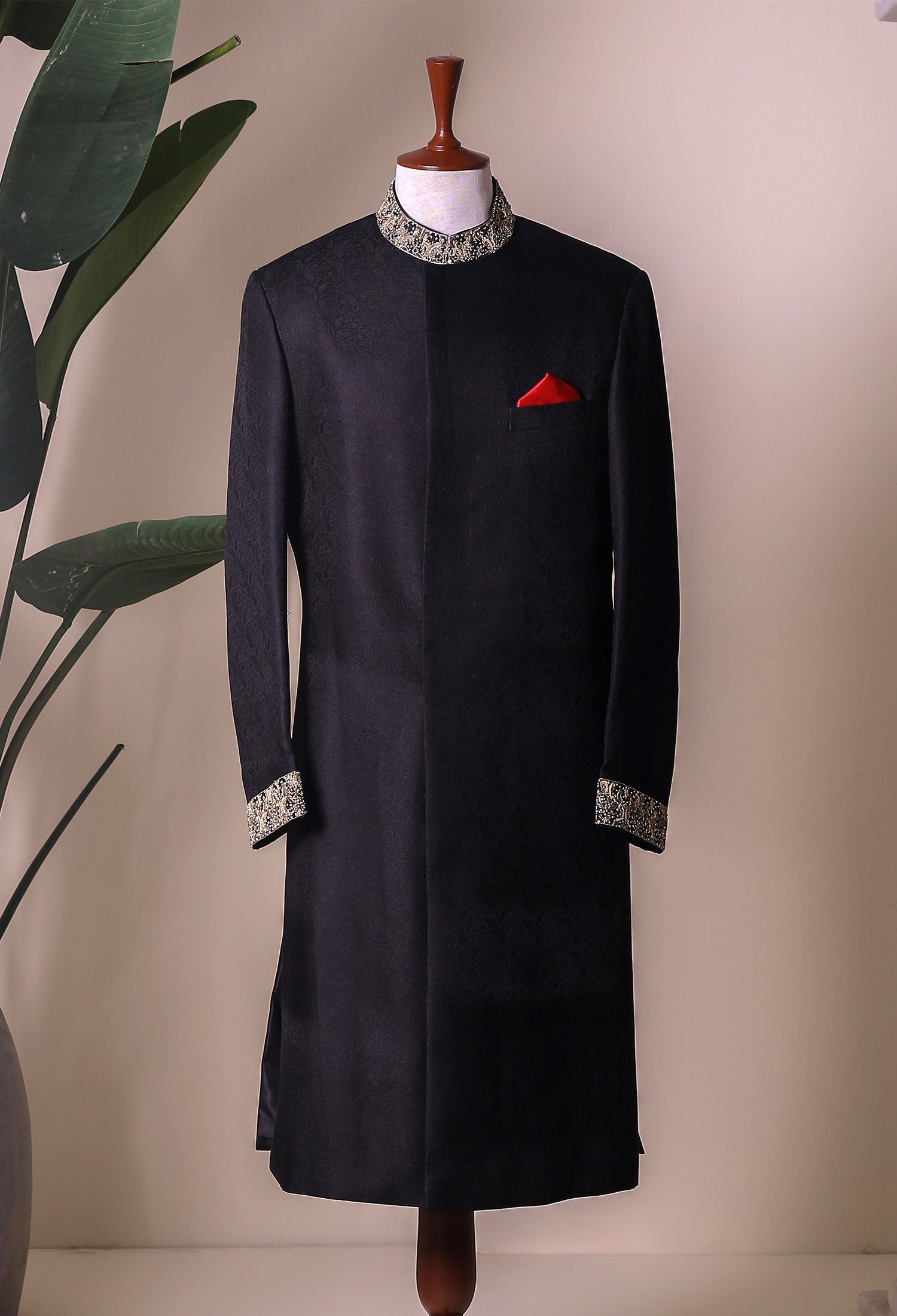 JET BLACK JAMAWAR SHERWANI FOR GROOM