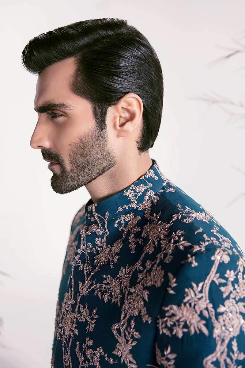 TEAL EMBROIDERED BLUE PRINCE COAT