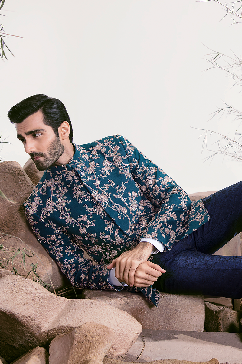 TEAL EMBROIDERED BLUE PRINCE COAT