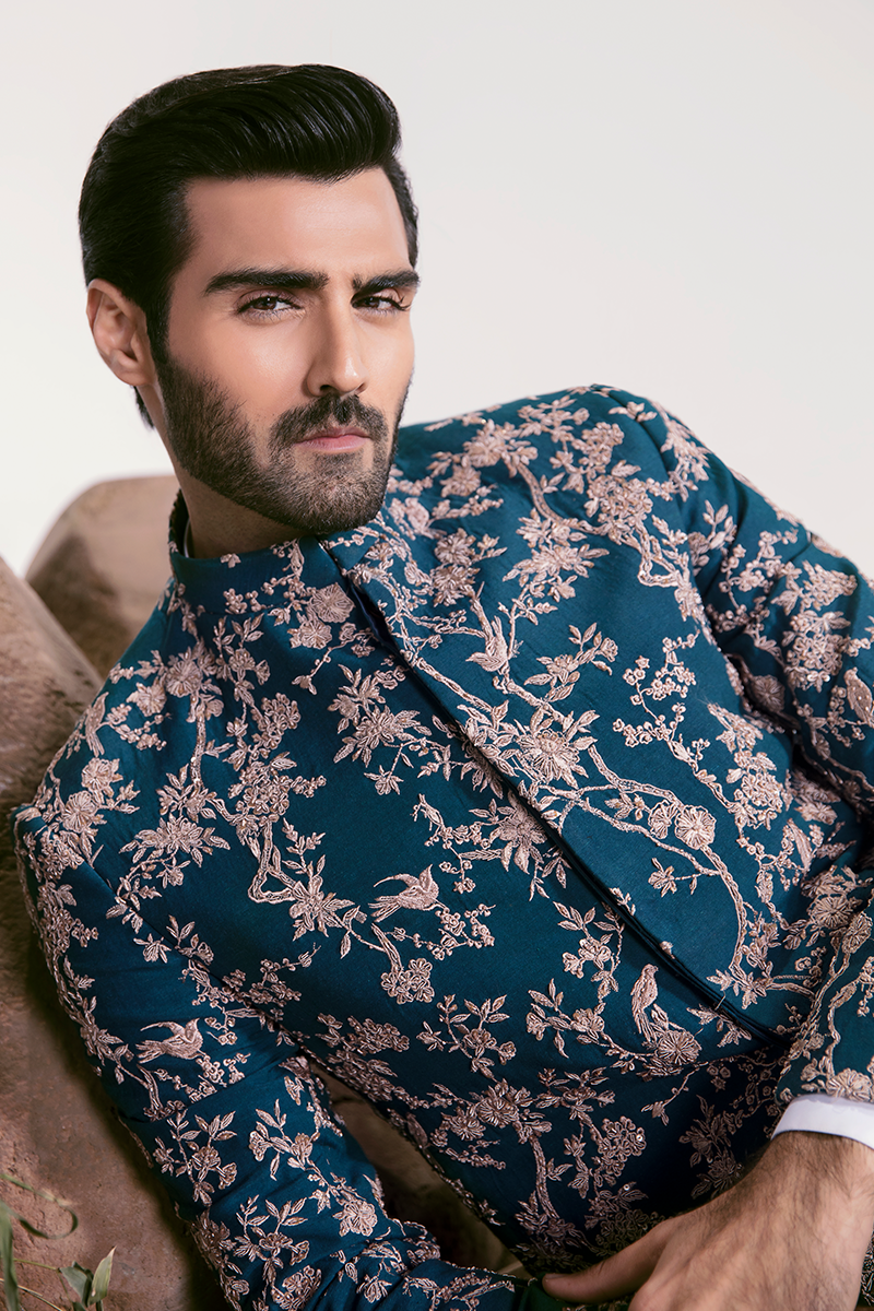 TEAL EMBROIDERED BLUE PRINCE COAT