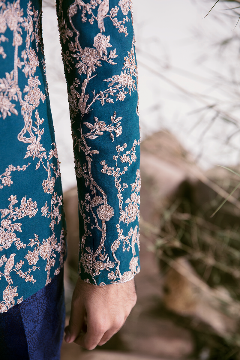 TEAL EMBROIDERED BLUE PRINCE COAT