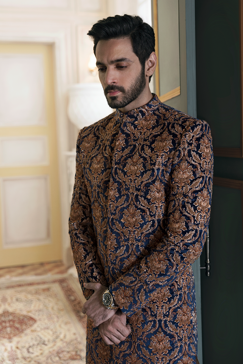 BLUE DAMASK EMBELLISHED SHERWANI