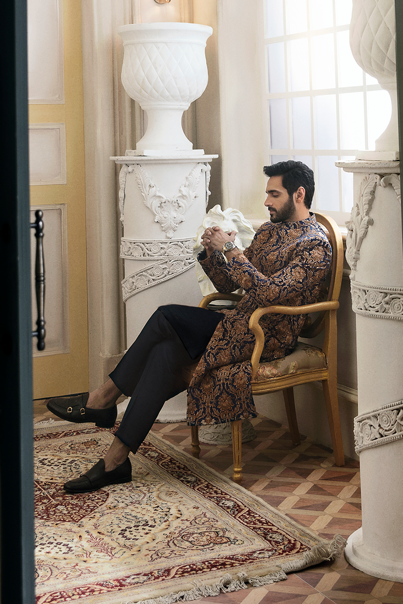 BLUE DAMASK EMBELLISHED SHERWANI