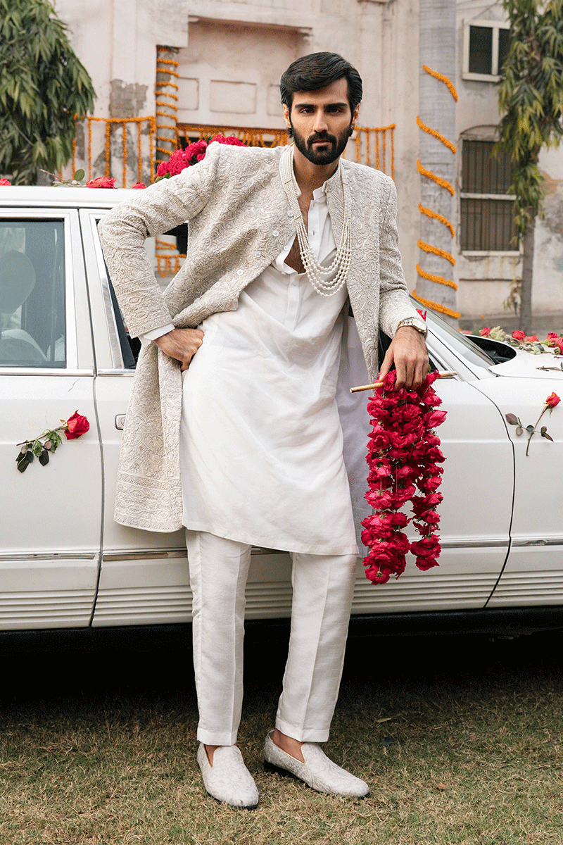 IVORY WHITE SELF JAMAWAR SHERWANI