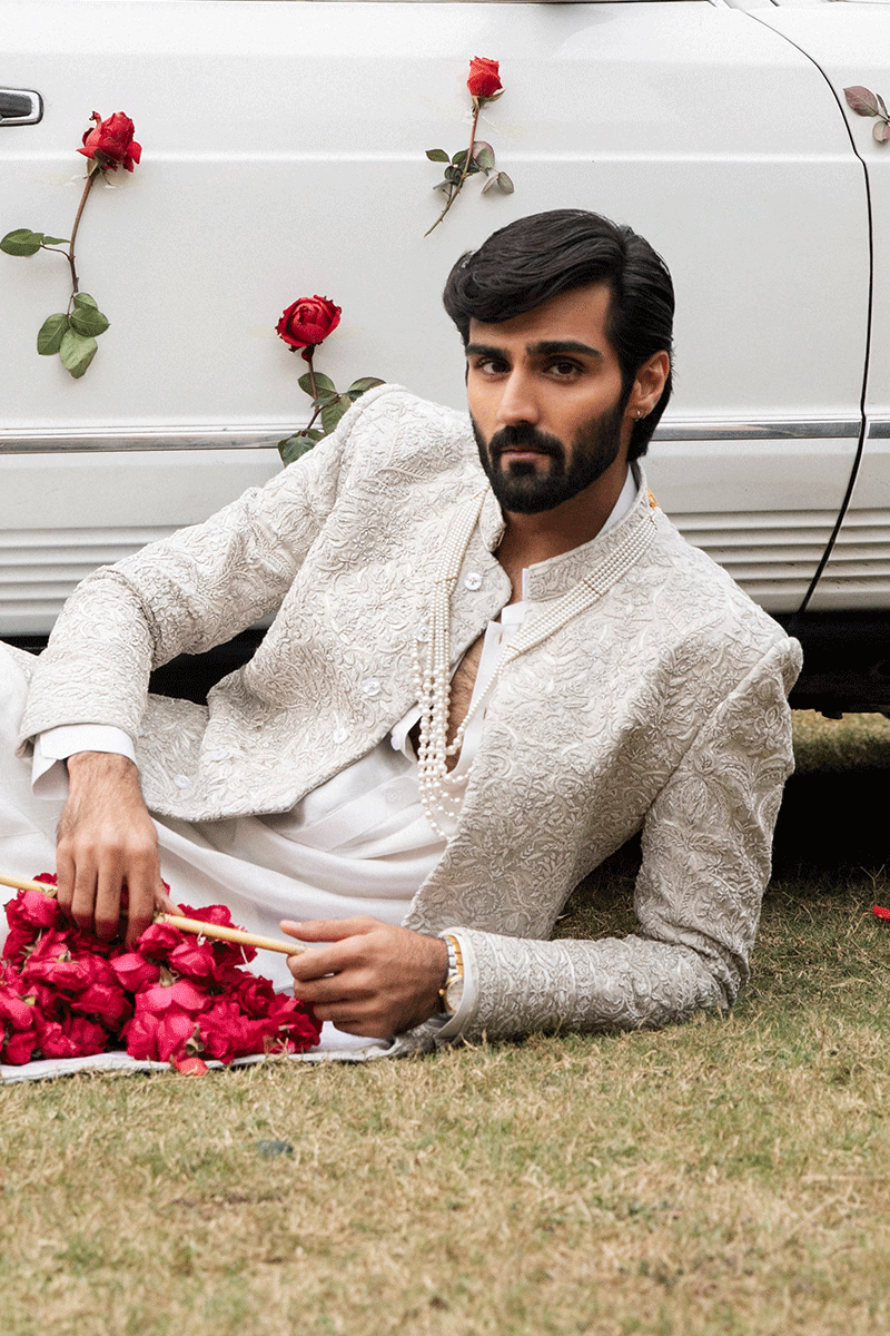 IVORY WHITE SELF JAMAWAR SHERWANI