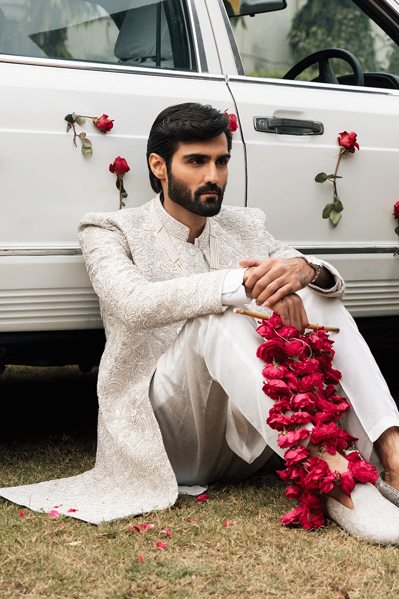 IVORY WHITE SELF JAMAWAR SHERWANI
