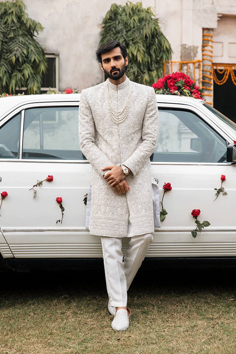 IVORY WHITE SELF JAMAWAR SHERWANI