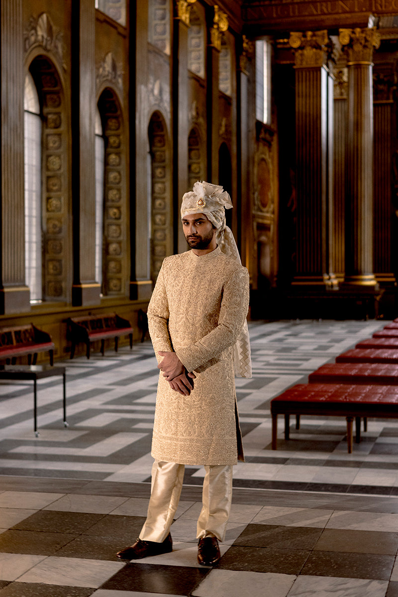 GOLD SELF JAMAWAR SHERWANI