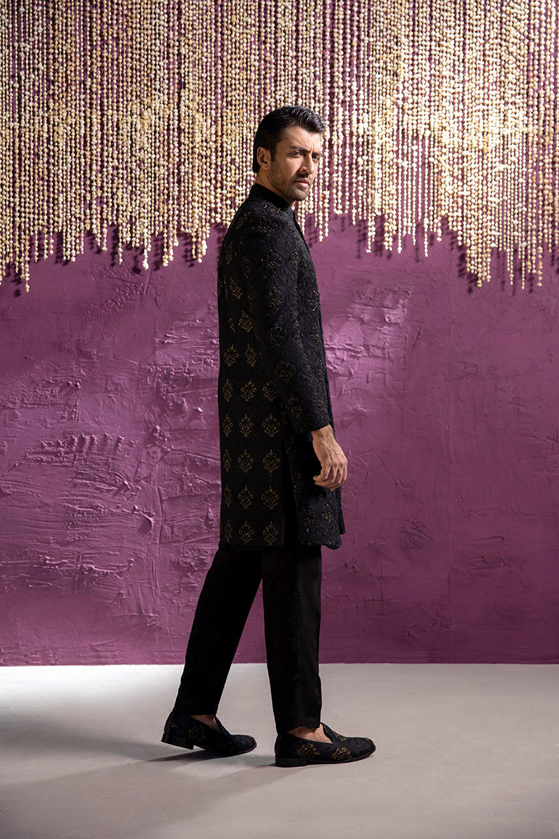 BLACK FLORAL SHERWANI
