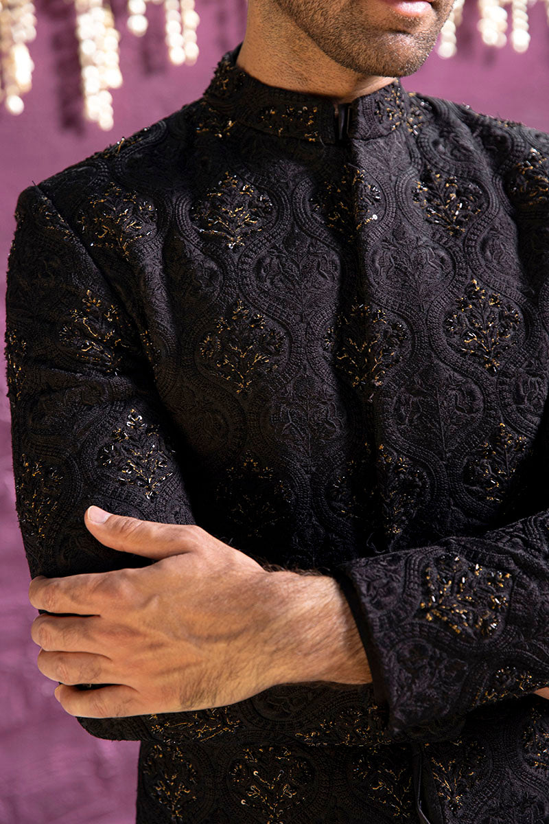 BLACK FLORAL SHERWANI