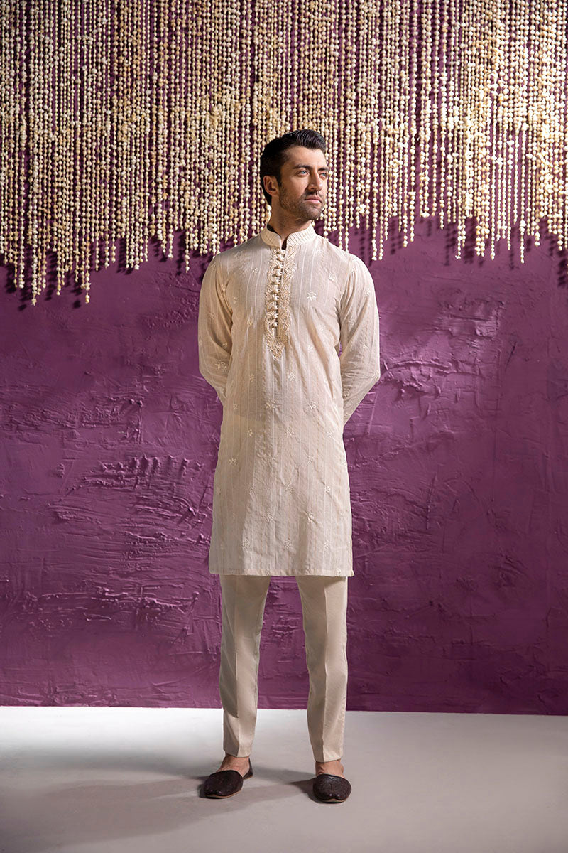 Beige Embroidered Karandi Kurta Trouser