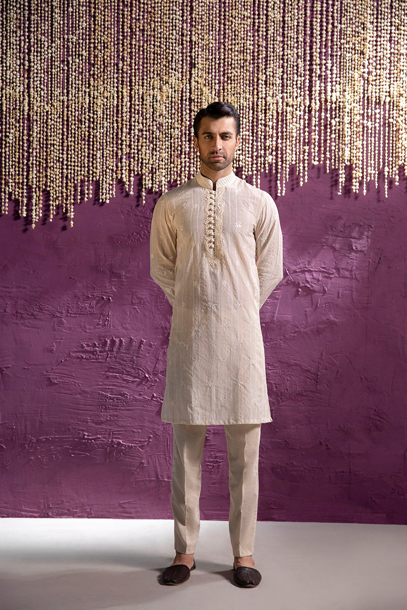 Beige Embroidered Karandi Kurta Trouser