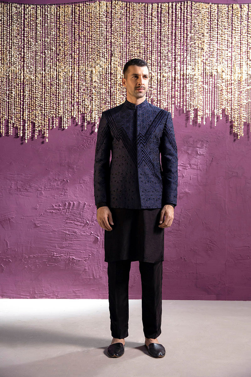 BLUE SELF EMBROIDERY PRINCE COAT