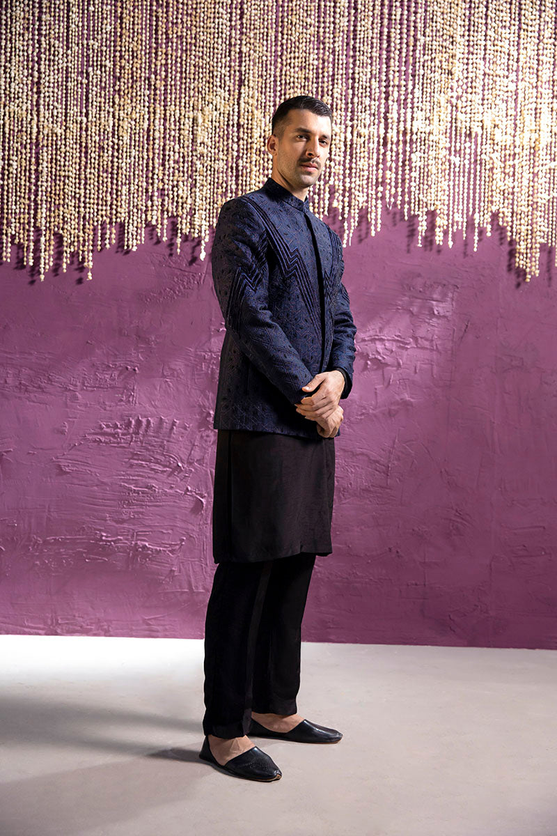 BLUE SELF EMBROIDERY PRINCE COAT