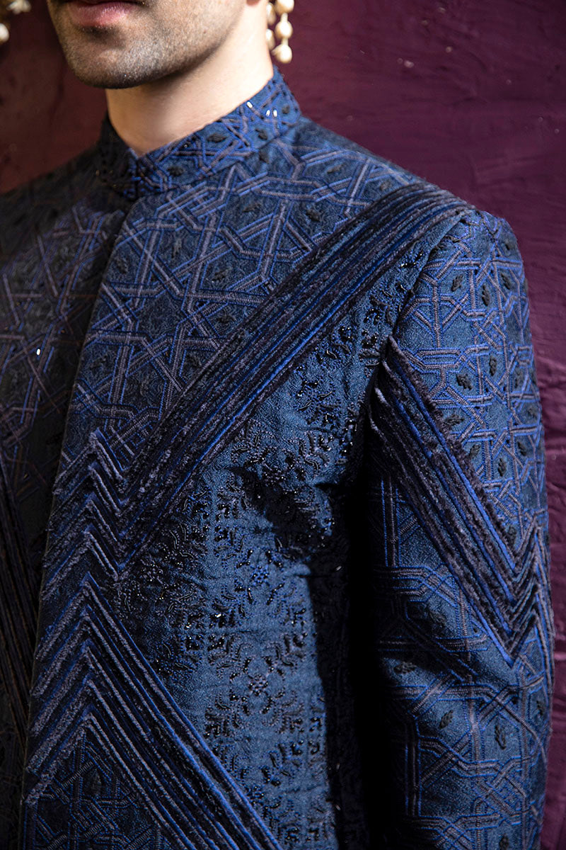 BLUE SELF EMBROIDERY PRINCE COAT