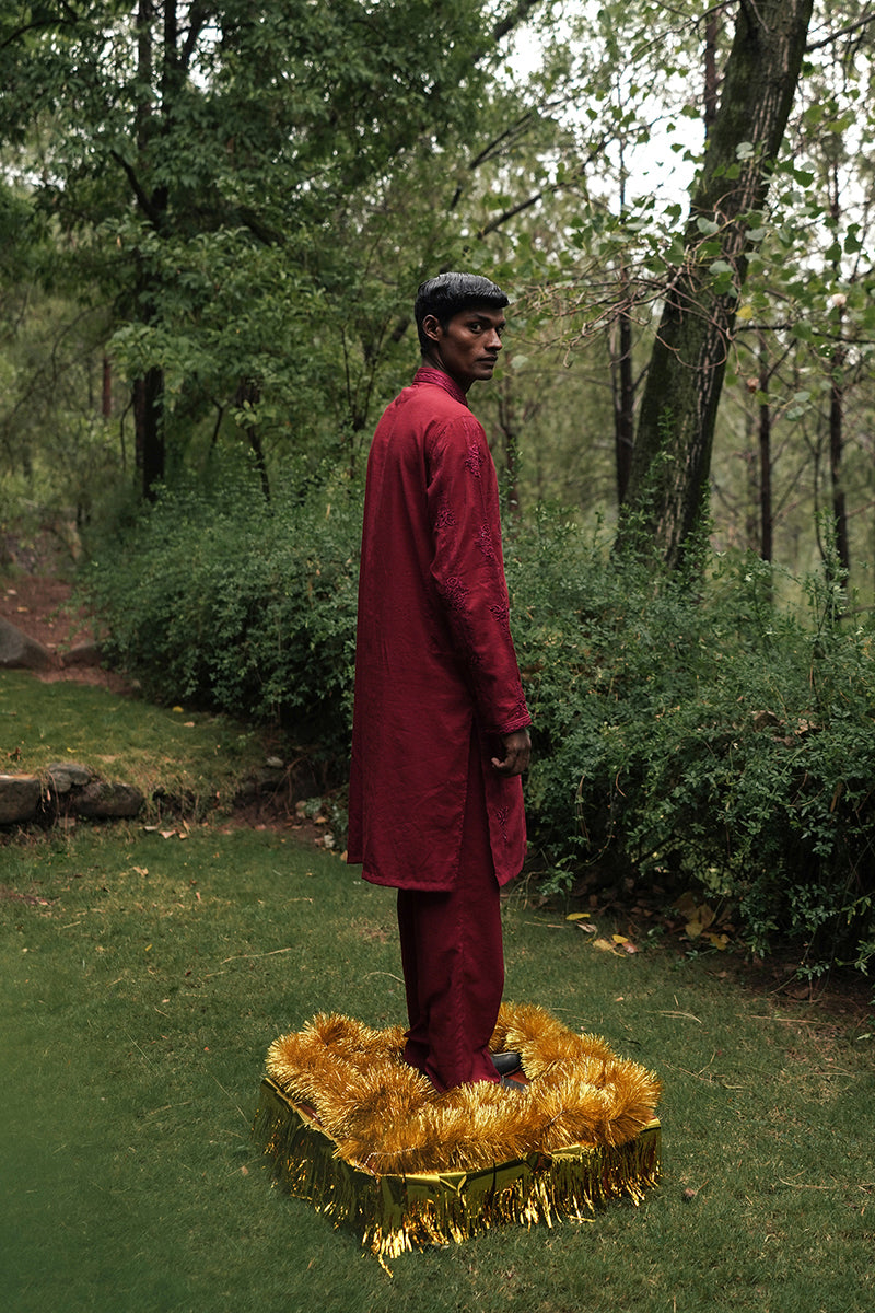 EMBROIDERED MAROON KURTA TROUSER