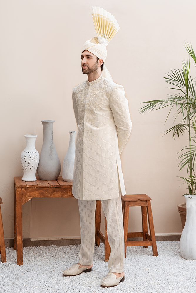 OFF WHITE FLORAL SHERWANI