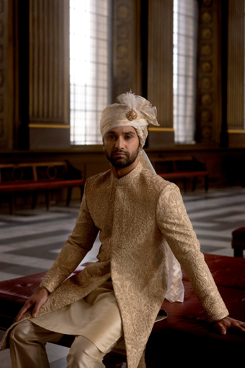 GOLD SELF JAMAWAR SHERWANI
