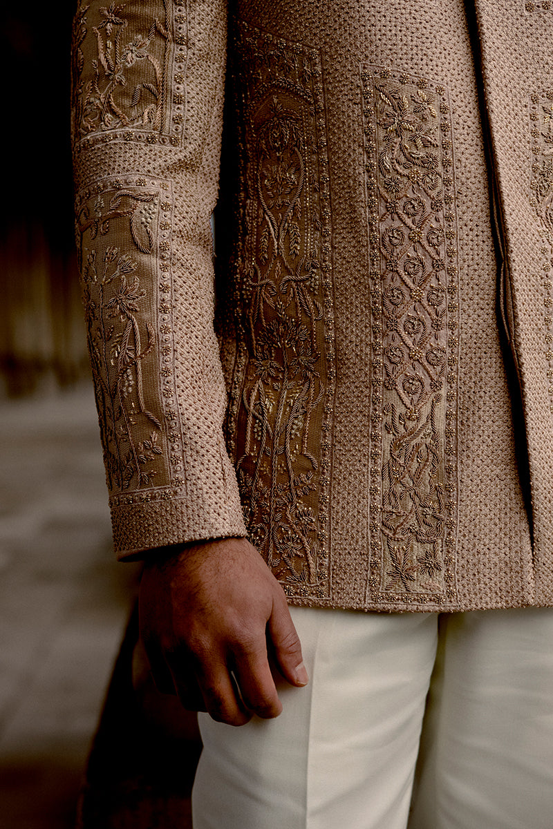 SALMON PINK JAMAWAR PRINCE COAT
